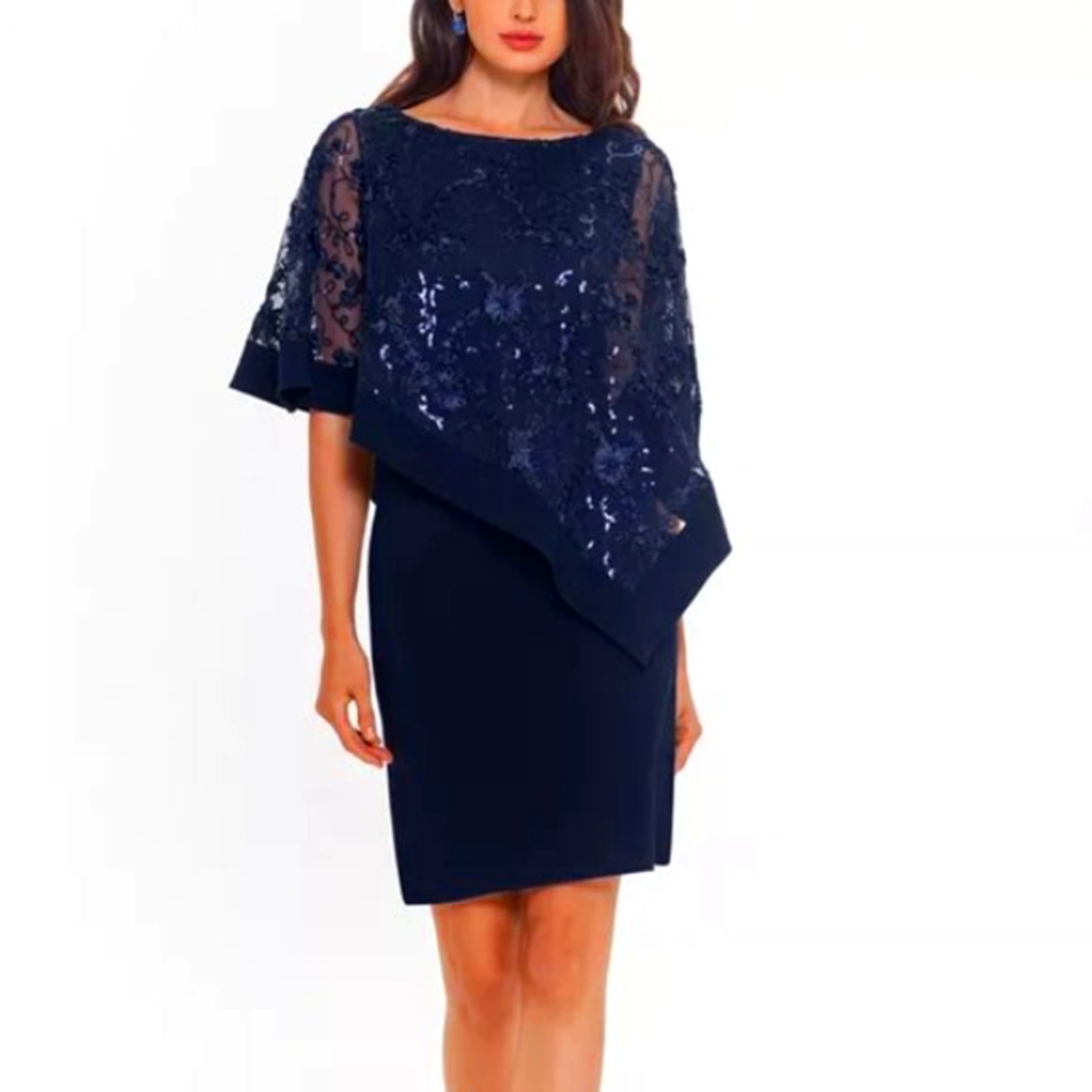 Gorgeous XSCAPE Petite Embellished Overlay Sheath Dress, Size 6P